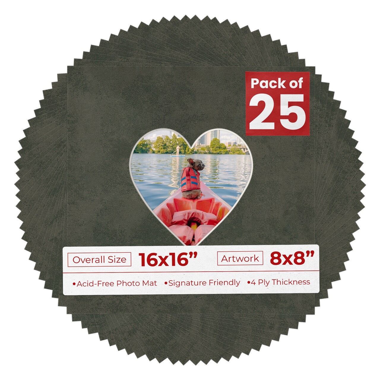 Earthen Gray Mat Board for 16x16 Frames - Heart Opening for 8x8 Photos